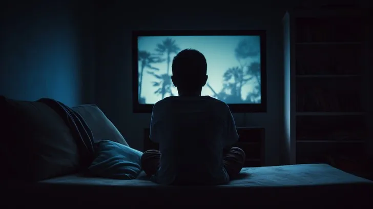 A child sits alone (a "sinner" in the making or observing) in a dimly lit, blue-hued room, engrossed in a television screen, symbolizing a deep curiosity.
