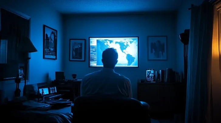 A person's silhouette (a "sinner") sits in a dark, blue-lit room, intently looking at a large screen displaying a world map, suggesting deep investigation.