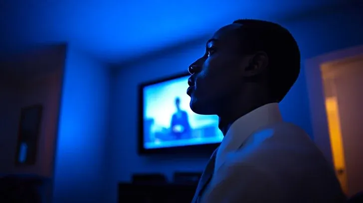 A person (possibly a "sinner" being observed) is shown in profile in a dark, blue-lit room, looking at a distant screen displaying a blurred figure.