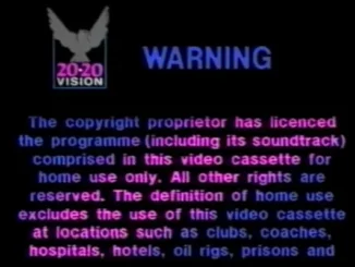 A VHS-era warning screen from "20-20 Vision" stating that the video cassette is licensed for home use only and excludes public or commercial use, highlighting a historical perspective on content piracy.
