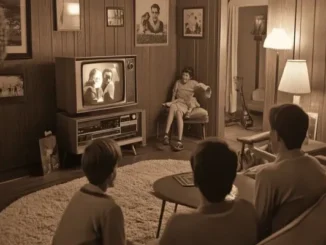 Three children (two boys from behind, one girl facing) watching an old television set showing two adults, in a vintage living room (sinners).