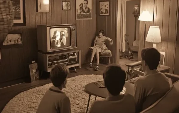 Three children (two boys from behind, one girl facing) watching an old television set showing two adults, in a vintage living room (sinners).