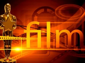 A golden statuette resembling an Oscar award, holding a large gold star, stands on the left. To the right, the word "film" is prominently displayed in a large, golden font, with glowing lines extending horizontally. The background is a gradient of warm orange and red, featuring faded silhouettes of film reels and film strips, suggesting a cinematic theme.