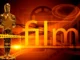 A golden statuette resembling an Oscar award, holding a large gold star, stands on the left. To the right, the word "film" is prominently displayed in a large, golden font, with glowing lines extending horizontally. The background is a gradient of warm orange and red, featuring faded silhouettes of film reels and film strips, suggesting a cinematic theme.