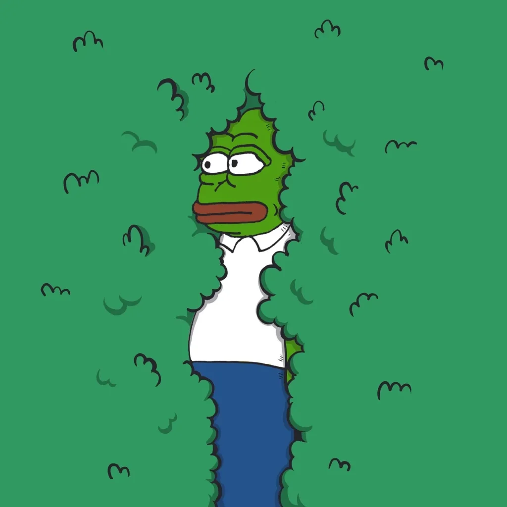 An illustration of Pepe the Frog, wearing a white shirt and blue pants, peeking out from green bushes with a surprised or concerned expression, resembling a popular internet meme.