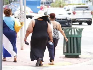 Three women of varying body types and sizes walk away from the camera on a sunny sidewalk in an urban setting, illustrating different body compositions and the topic of weight and stature.