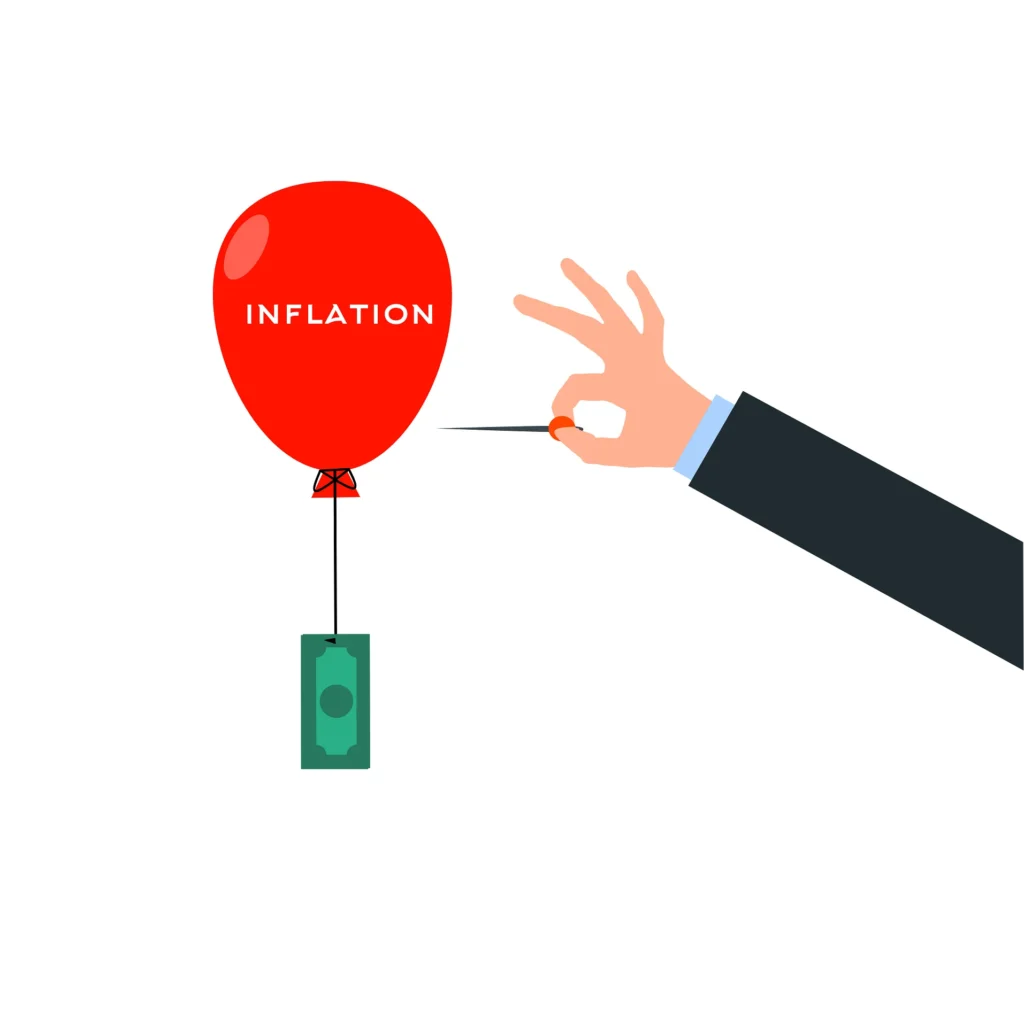 An illustration of a red balloon labeled "INFLATION" lifting a green banknote, while a hand in a suit prepares to pop it with a needle.