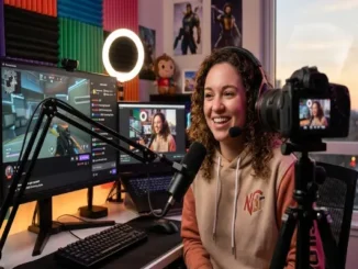 A smiling female content creator with curly hair wearing a headset, sitting in front of a professional streaming setup with a ring light, microphone, gaming monitor, and DSLR camera.