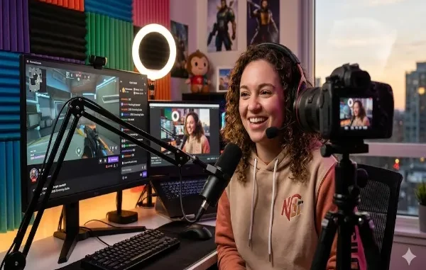 A smiling female content creator with curly hair wearing a headset, sitting in front of a professional streaming setup with a ring light, microphone, gaming monitor, and DSLR camera.