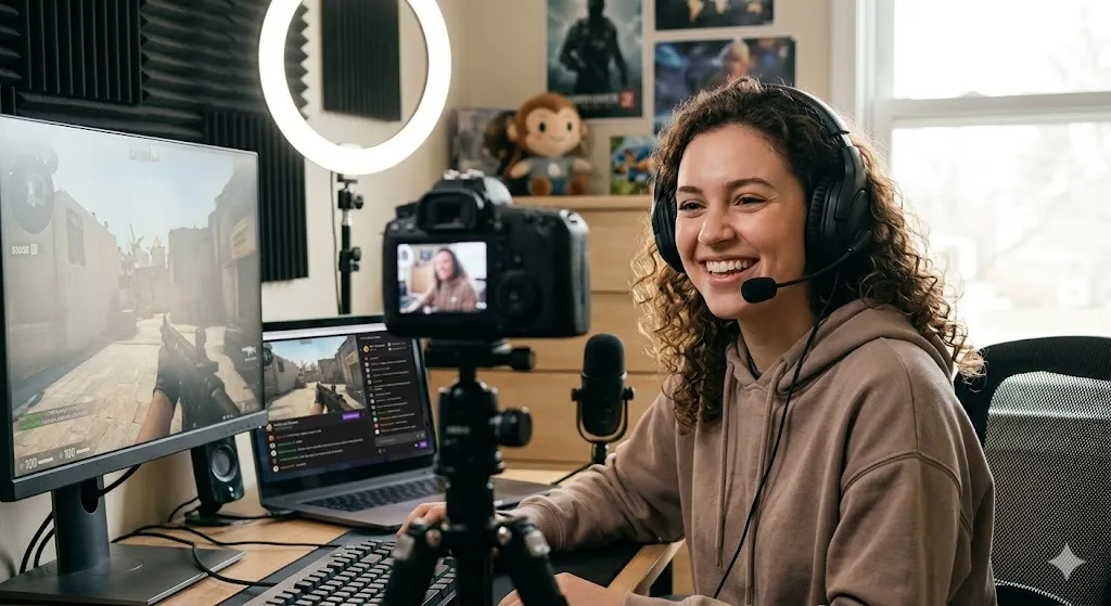 A smiling young woman with curly hair and a headset streaming a first-person shooter game from a professional home studio featuring a ring light, DSLR camera, and external microphone.