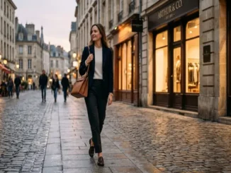 A woman walking down a European cobblestone street at dusk wearing a tailored navy blazer, cream sweater, charcoal trousers, and leather loafers, carrying a structured tan leather bag.