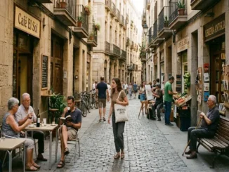 A busy cobblestone street in a European city, featuring outdoor cafe seating, a bookstore, and people walking and relaxing in a relaxed, authentic atmosphere.