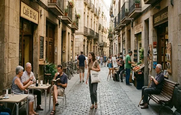 A busy cobblestone street in a European city, featuring outdoor cafe seating, a bookstore, and people walking and relaxing in a relaxed, authentic atmosphere.