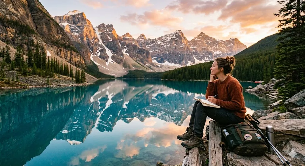 A woman sits on a wooden log by a pristine, turquoise alpine lake surrounded by snow-dusted mountains, journaling and looking out at the scenery during golden hour.