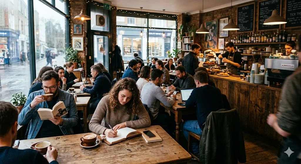 A bustling, cozy local coffee shop filled with people reading, writing, and chatting, with large glass windows showing a rainy city street outside.