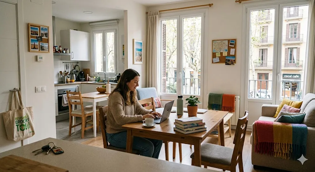 A woman sits at a wooden dining table working on a laptop inside a bright, open-concept apartment with a kitchen and living area, looking out large French windows toward a city street.