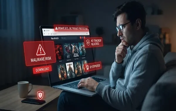A concerned man sitting on a couch at home, browsing a free streaming site on his laptop while glowing warning overlays highlight risks such as malware, unsafe sites, and exposed IP addresses.