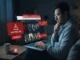 A concerned man sitting on a couch at home, browsing a free streaming site on his laptop while glowing warning overlays highlight risks such as malware, unsafe sites, and exposed IP addresses.