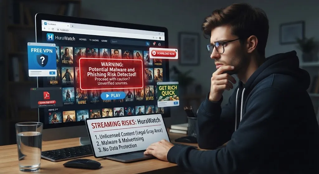 A thoughtful person wearing glasses sits at a desk in a dimly lit room, looking at a large computer monitor displaying a streaming website interface with warning pop-ups and malicious advertisements. In front of them, a laptop screen displays a summary of streaming risks, including unlicensed content, malware, and lack of data protection.