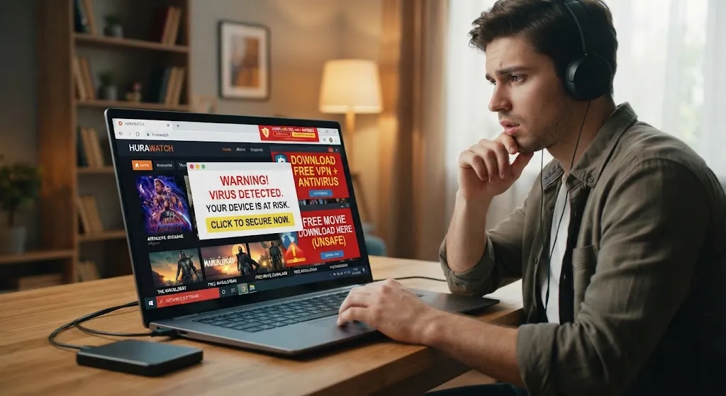 A concerned young man wearing headphones looks at a laptop screen displaying a streaming website called HuraWatch with suspicious pop-up ads and a fake virus warning message in a home office setting.
