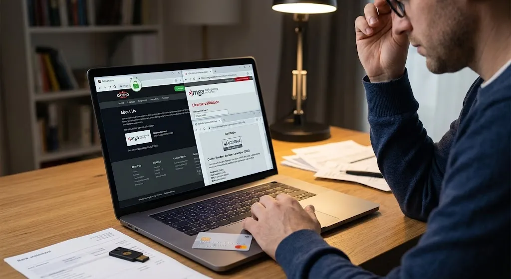Person checking online casino licensing and SSL security verification on a laptop.