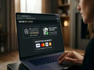 A user working on a laptop displaying an online casino security page featuring official licensing badges, eCOGRA RNG fairness verification, and PCI-DSS encrypted payment logos.