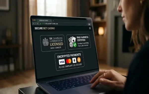 A user working on a laptop displaying an online casino security page featuring official licensing badges, eCOGRA RNG fairness verification, and PCI-DSS encrypted payment logos.