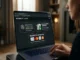 A user working on a laptop displaying an online casino security page featuring official licensing badges, eCOGRA RNG fairness verification, and PCI-DSS encrypted payment logos.