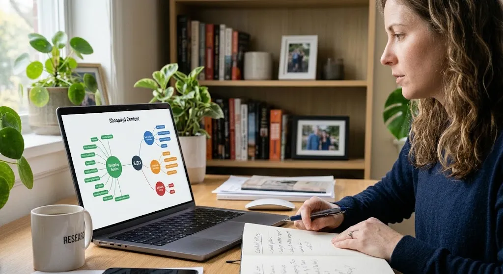 A woman analyzing a complex digital mind map on a laptop screen that breaks down Shoopilyd.com content into clusters like Shopping Guides, Tech, Lifestyle, and Policy, while taking notes in a notebook in a home office setting.