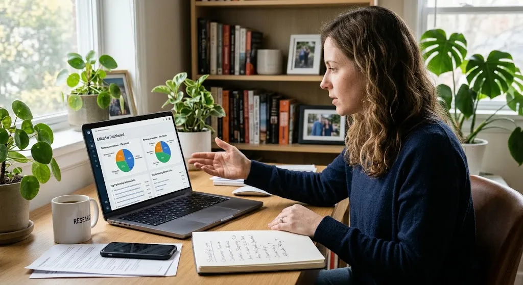 A woman analyzing a digital analytics dashboard breaking down revenue from affiliate links and commercial partnerships, illustrating how informational websites are funded.