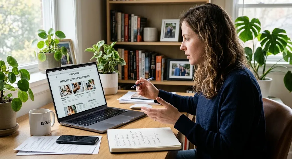 A woman at a desk analyzing an article about Shoopilyd.com on her laptop while taking notes on website ownership and consumer transparency.