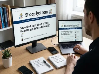 A person working at a wooden desk with a desktop monitor and laptop, both displaying the Shoopilyd.com article title "Shoopilyd.com: What Is This Website and Who Is Behind It?", with handwritten notes and consumer books nearby.