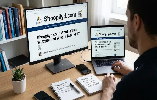 A person working at a wooden desk with a desktop monitor and laptop, both displaying the Shoopilyd.com article title "Shoopilyd.com: What Is This Website and Who Is Behind It?", with handwritten notes and consumer books nearby.